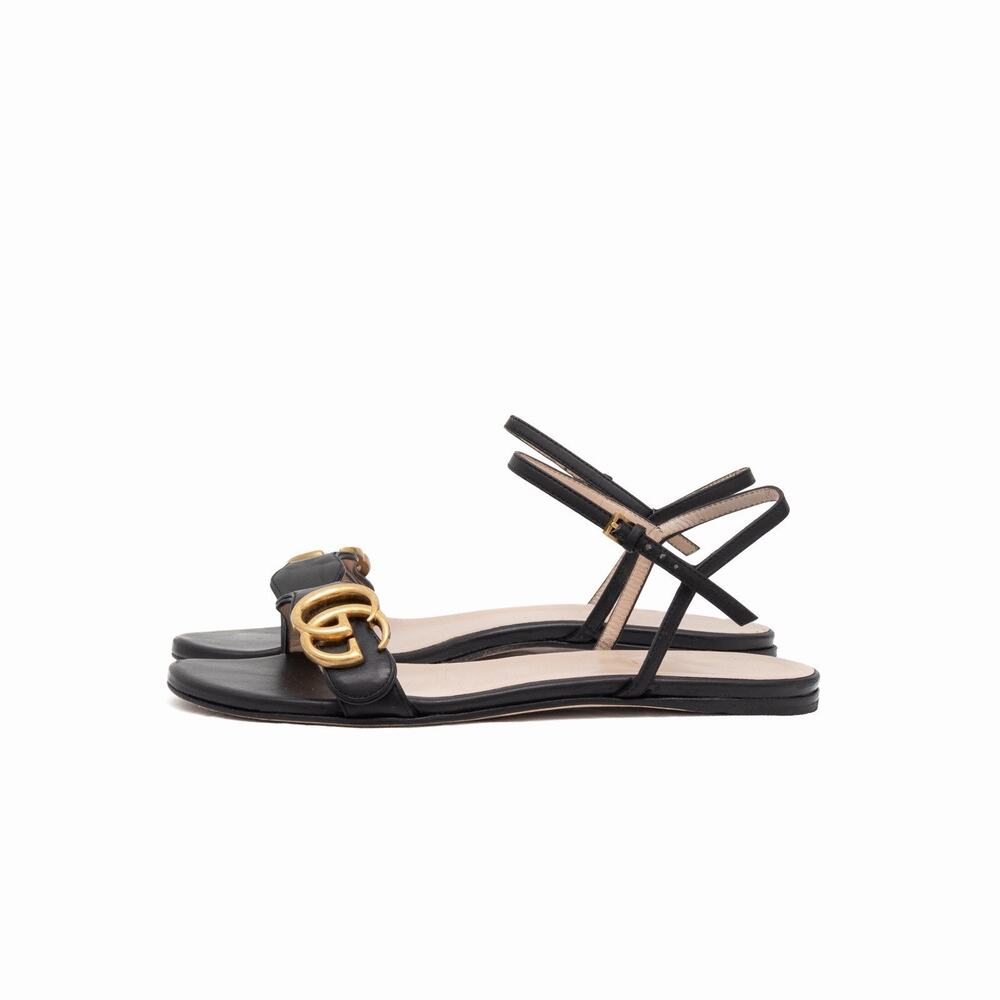Gucci Black Leather GG Marmont Ankle Strap Flat Sandals Size 35 US 5 - Picture 10 of 16